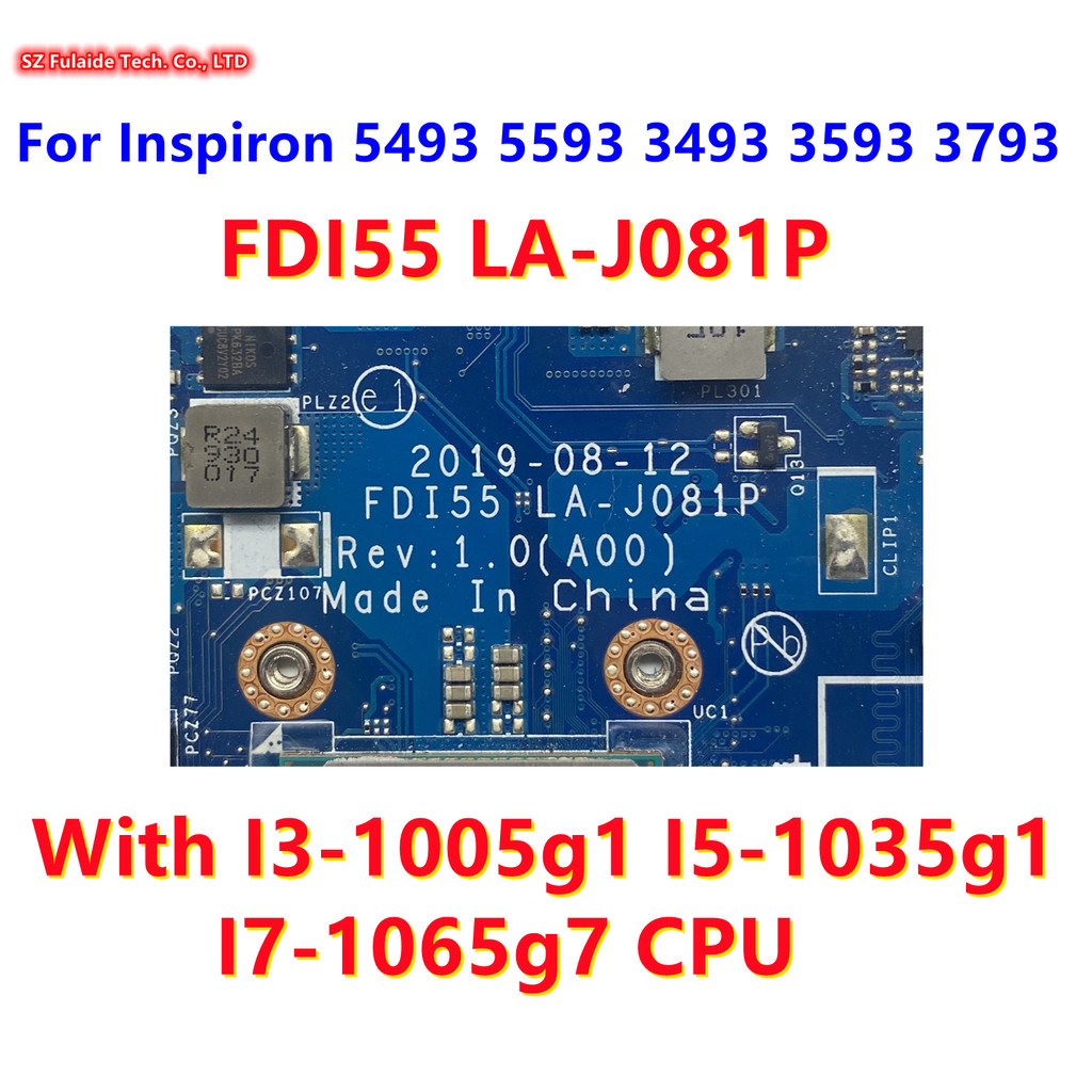 F55 LA-J081P For dell piron 5493 5593 3493 3593 3793 Vostro 3491 3591 Laptop Motherboard With I3 I5 