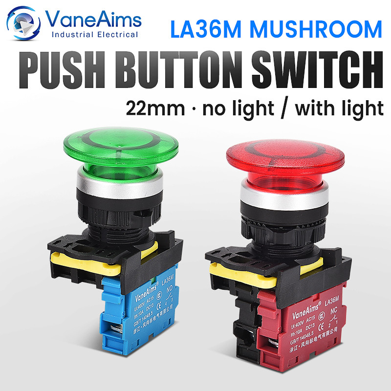 Tombol Tekan Kepala Jamur LA36M 22mm, Tombol Tekan Sementara/Mengunci Sendiri dengan Lampu LED Merah