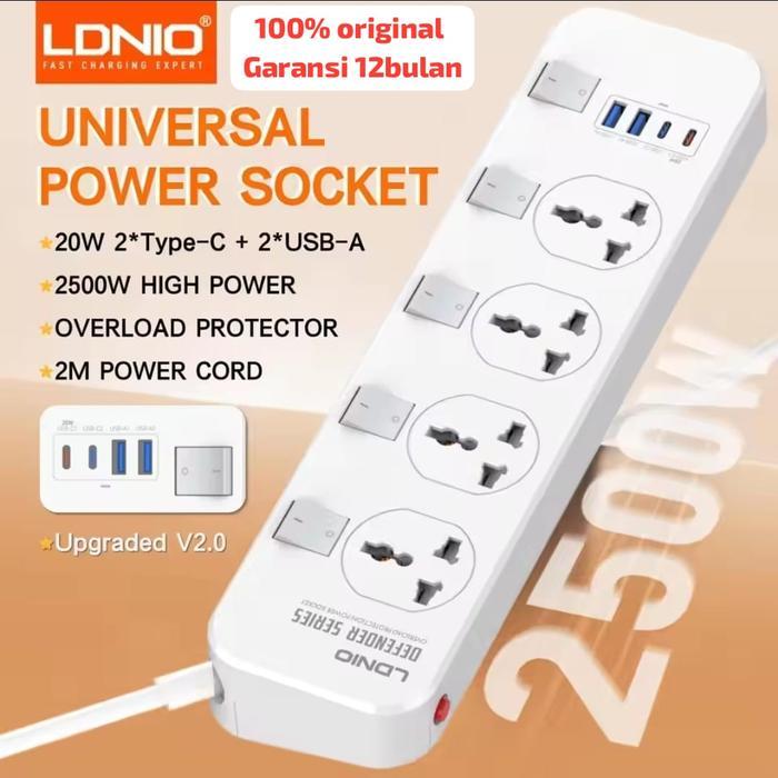 New Steker colokan listrik LDNIO SC4408C 2500Watt universal 4 power socket 2Port USB-A 2port PD Usb-