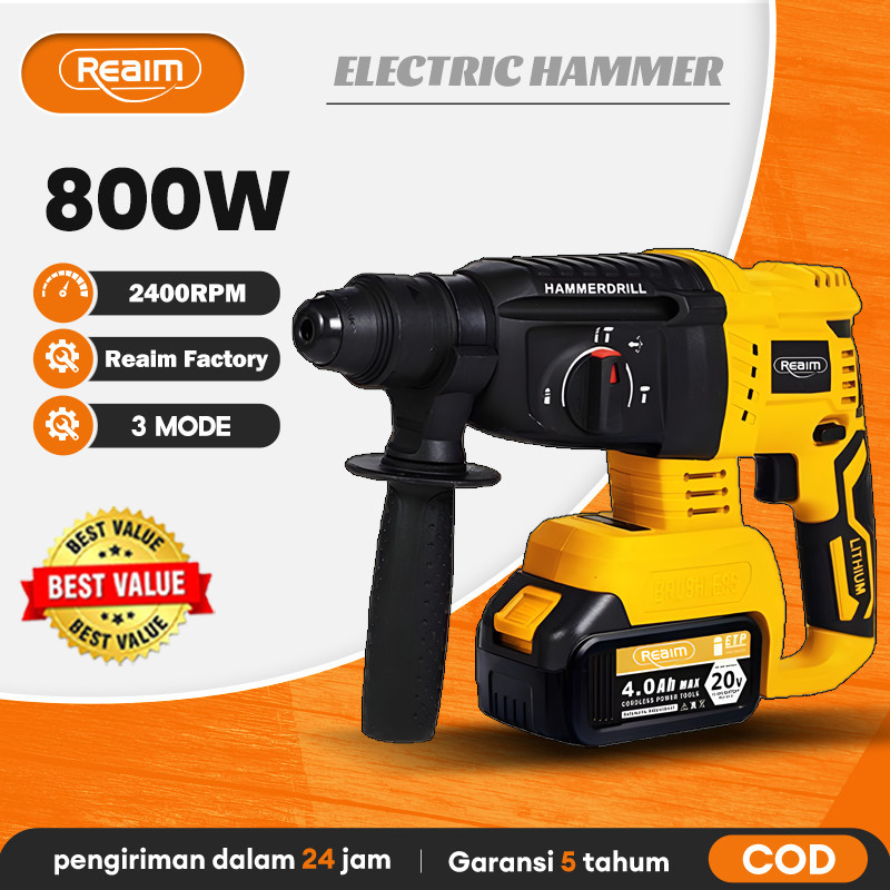 REAIM 3 MODE Cordless Brushless Rotary Hammer Impact Drill Electric Rechargeable Portable Powertool 