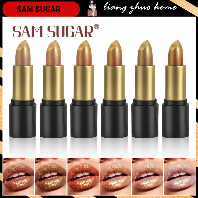 SAM SUGAR 6 Warna Lipstik Metalik Nude Velvet Matte Glitter Emas Berkilau Pigmen Merah Seksi Tahan L
