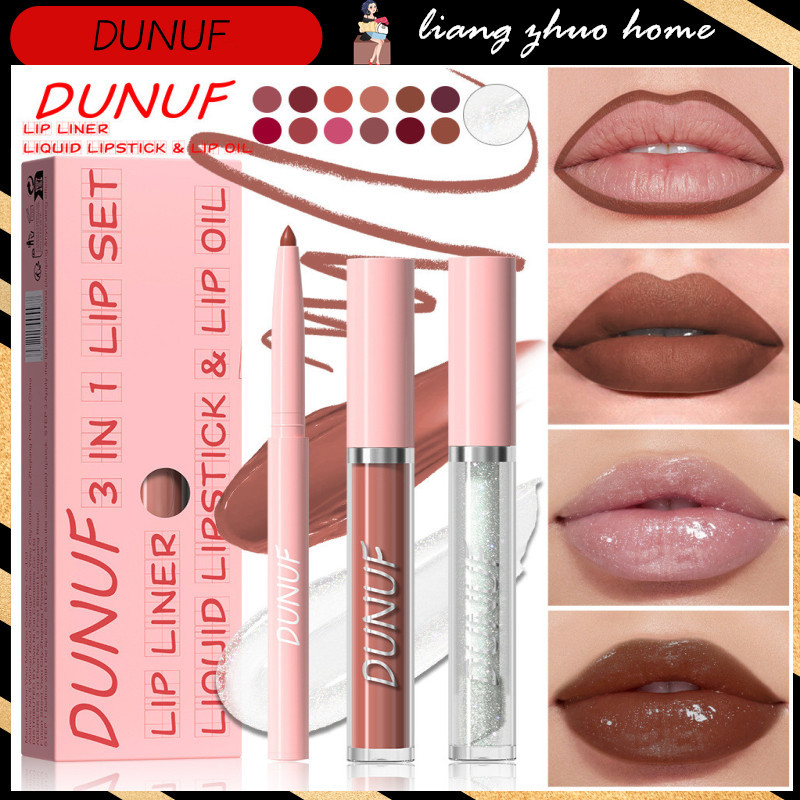 DUNUF 3Pc/box Set Lipstik Matte Rose Pink, Kit Pensil Lip Liner Coklat Nude, Pigmen Lip Gloss Tahan 