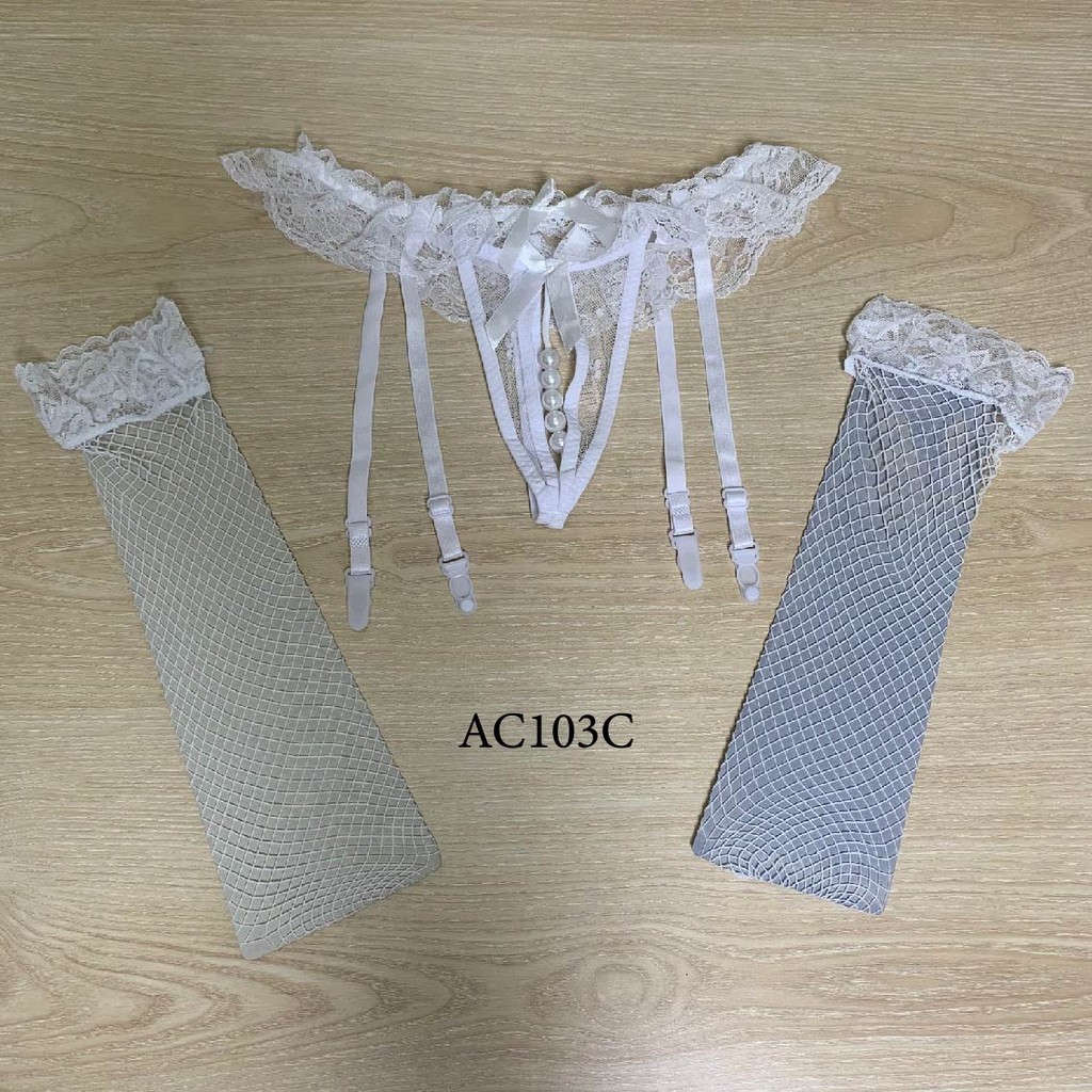 Set Garter Belt Stocking Premium Lingerie Costume Wanita Putih Ac103C