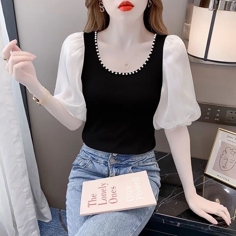 New Fashion Puff Sleeve Pearl u Collar Short Sleeve T Women's T-shirt