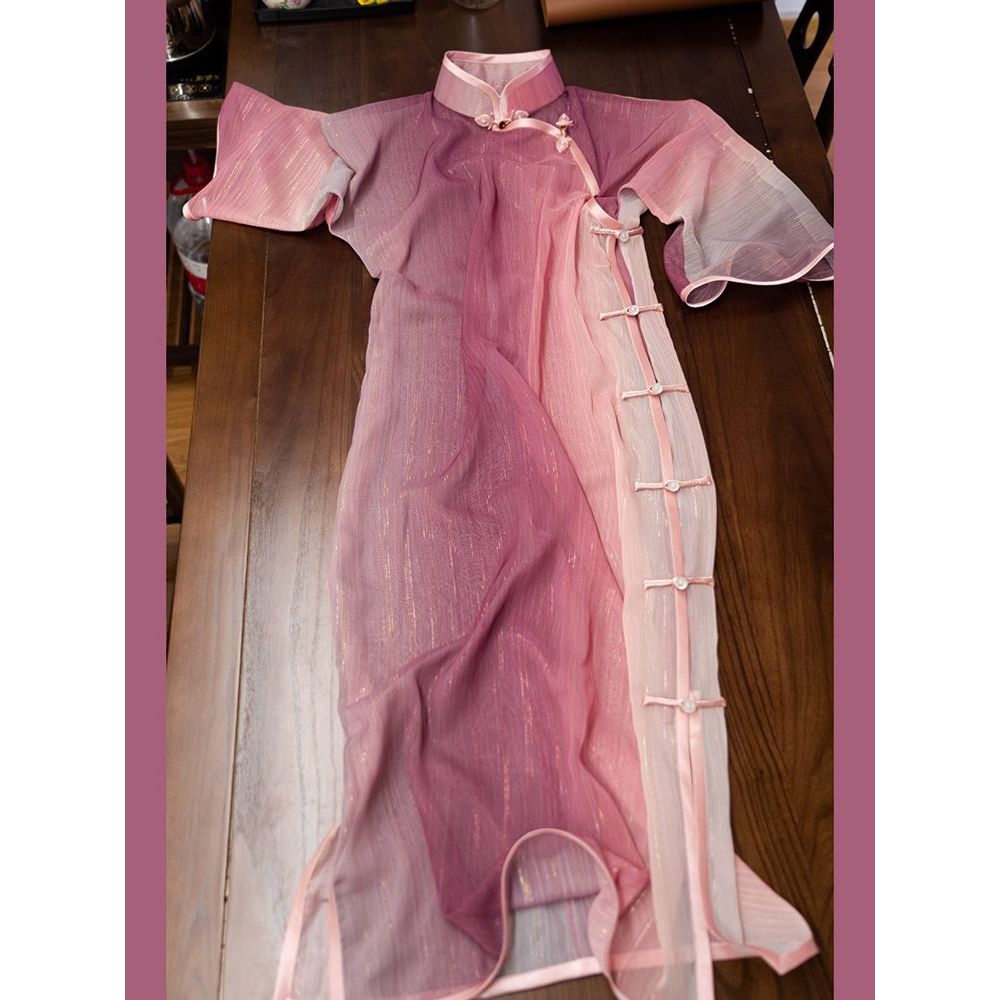 Cheongsam Dress Wanita Modern Slim Fit Elegan Lengan Pendek Gaun Panjang Transparan