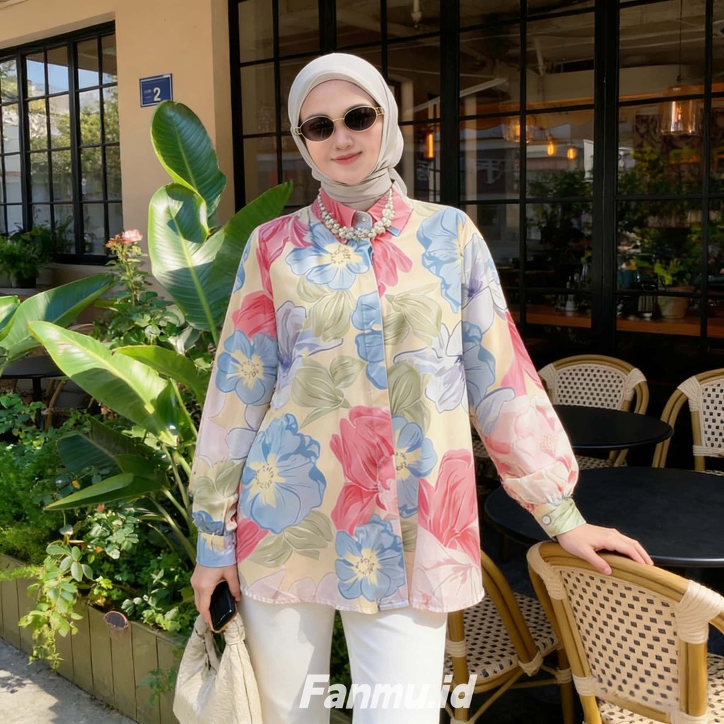 FANMU Atasan Kemeja Kuning Motif Bunga Wanita Untuk Acara Formal atau Non Formal