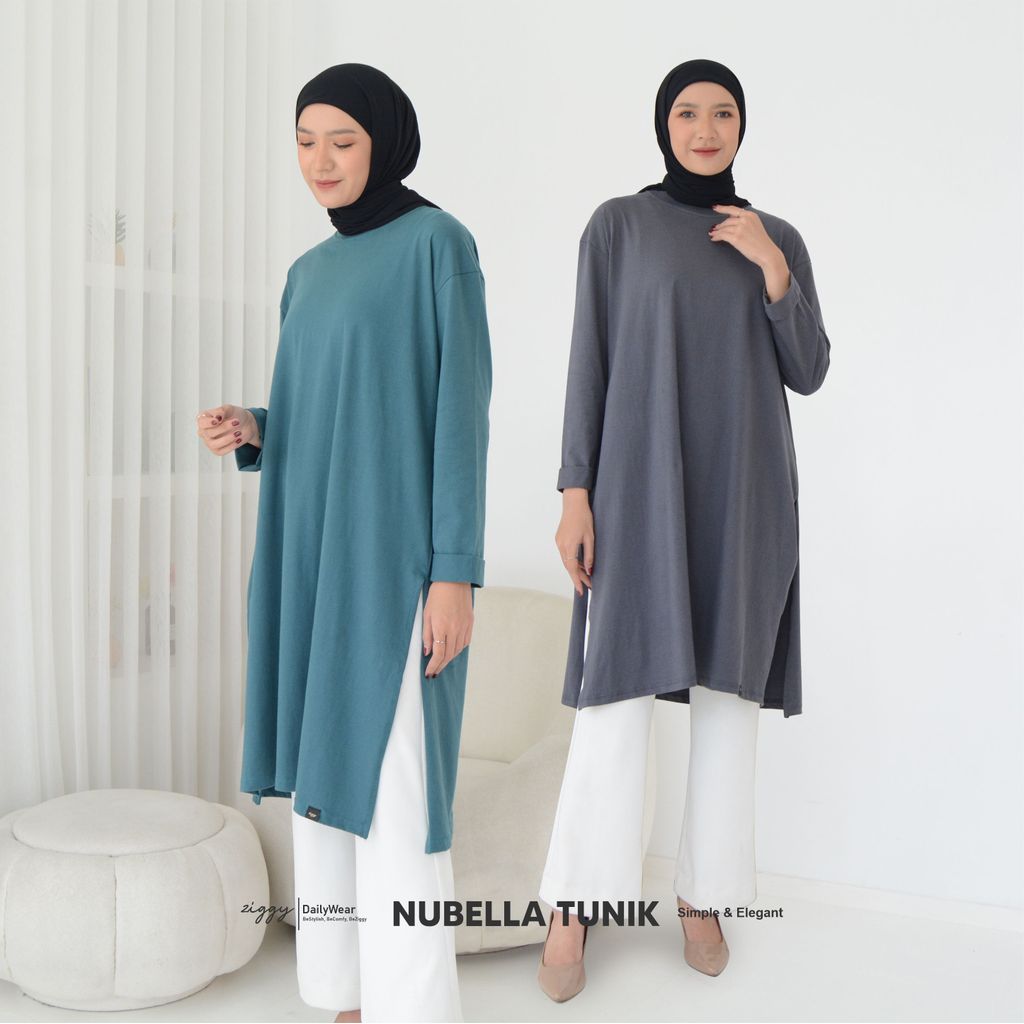 Nubella Long Tunic Oversize Jumbo Kaos Polos Atasan Wanita Muslim Bahan Katun Combed Tunik Lebaran S