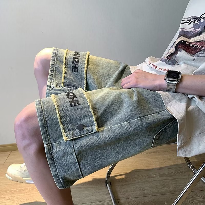 Celana pendek jeans pria retro Amerika, celana pendek jeans pria retro Amerika, celana pendek jeans 