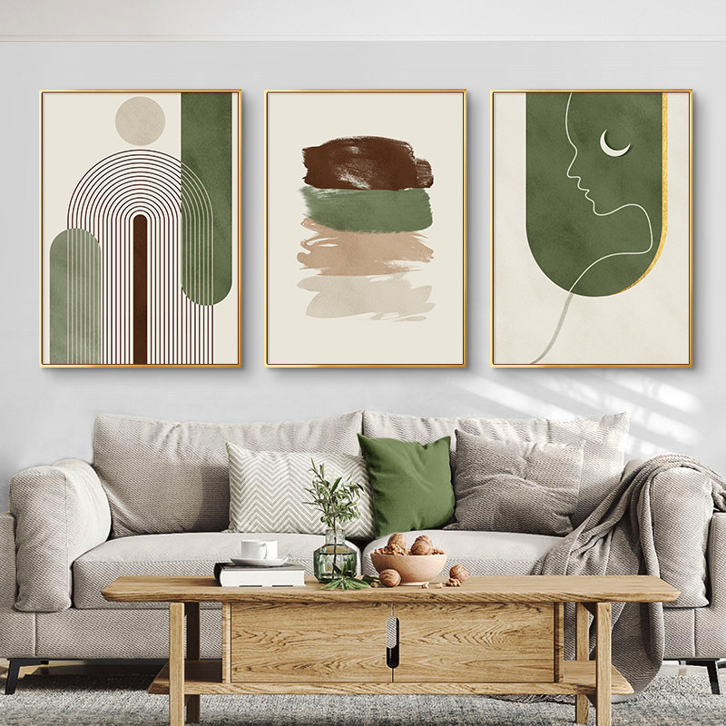 Hiasan Dinding Ruang Tamu 3 Pcs | Wall Art Warna Hijau Morandi Nordic Minimalis untuk Sofa & Restora
