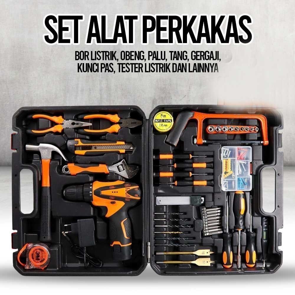 Alat Perkakas Bor Listrik Cordless Palu Tang Obeng 57 in 1 Set Alat Perkakas Pertukangan Listrik