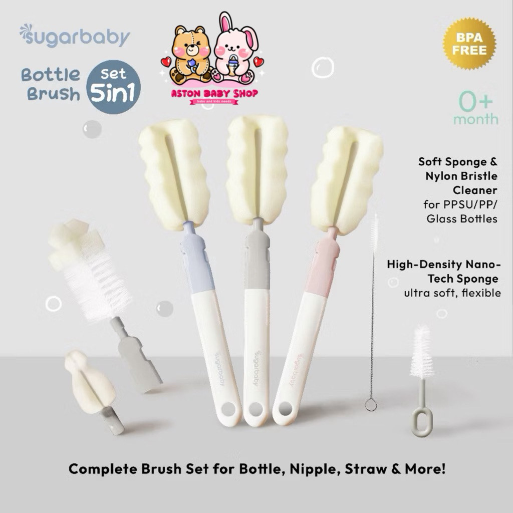 Sugarbaby Bottle Brush Set 5in1 - Sugar Baby Sponge Brush Set & Nipple Brush - Set Sikat Botol Susu 