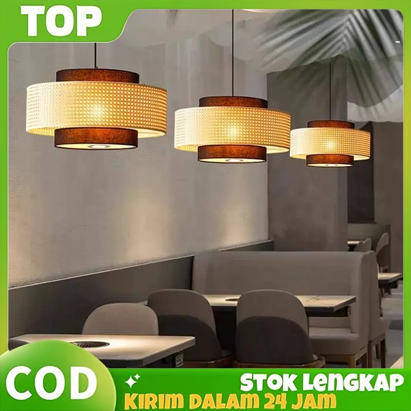 Lampu Gantung Bambu Lampu Gantung Meja Restoran Lampu Plafon LED 3 Warna Minimalis Cafe Lampu Gantun