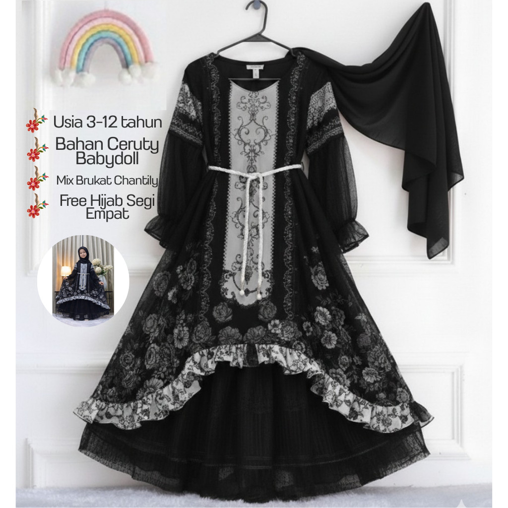 NURKHAYAH.SHOP Gamis Ceruty Babydoll Mix Brokat Chantilly Untuk Anak Perempuan Usia 3-12 Tahun Free 