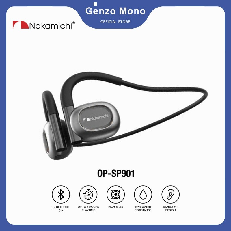 Nakamichi OP-SP901 Open Ear Konduksi Udara Bluetooth TWS HD - Earphone Tanpa Kabel, Mikrofon CVC, Ko