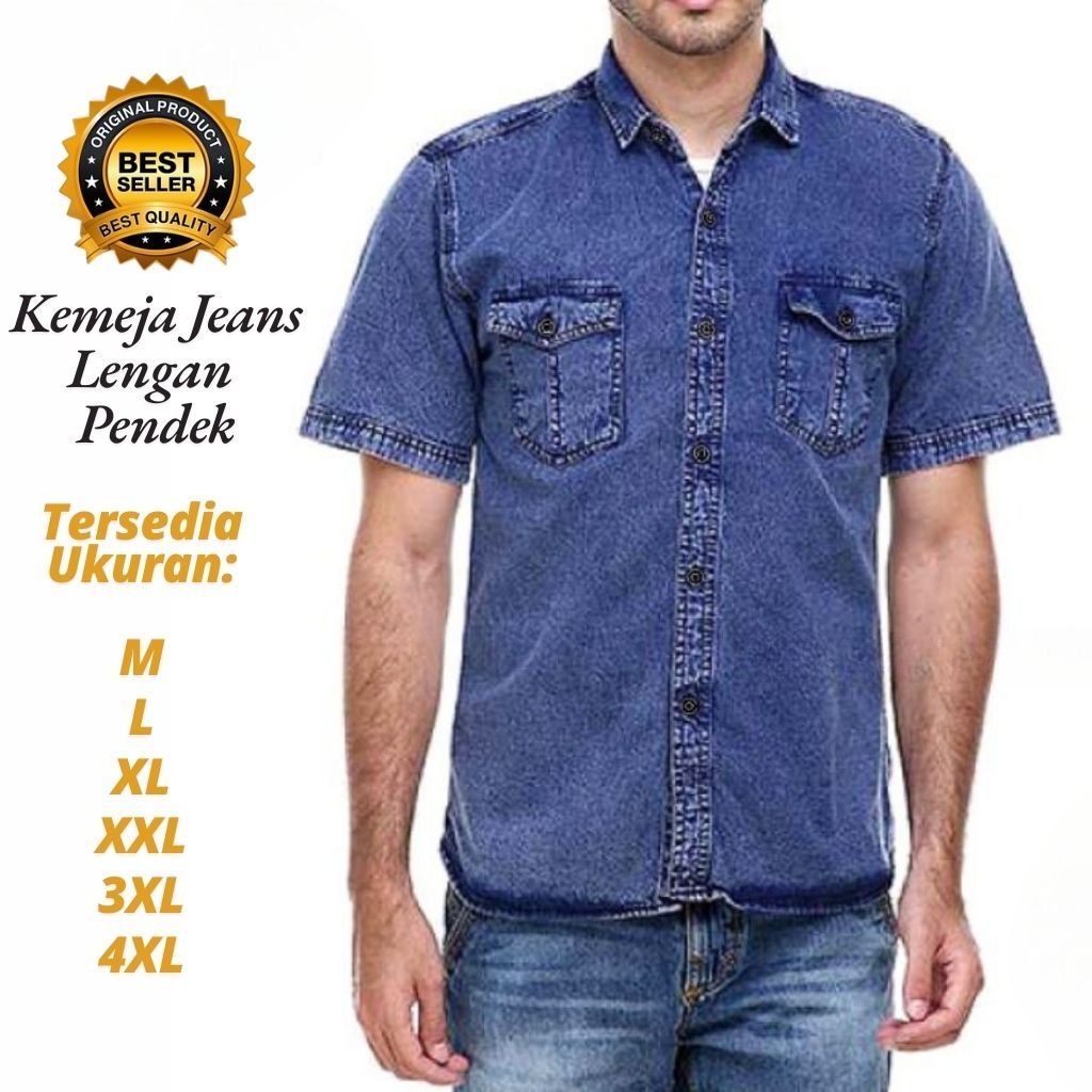 Baju Kemeja Hem Denim Jeans Pria Jumbo Lengan Pendek Premium Original Distro Snow Washed