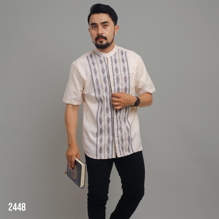 DGM Kemeja Pria Koko Cream Bordir Lengan Pendek Motif Bordir Sulam Bayangan 2448 - L
