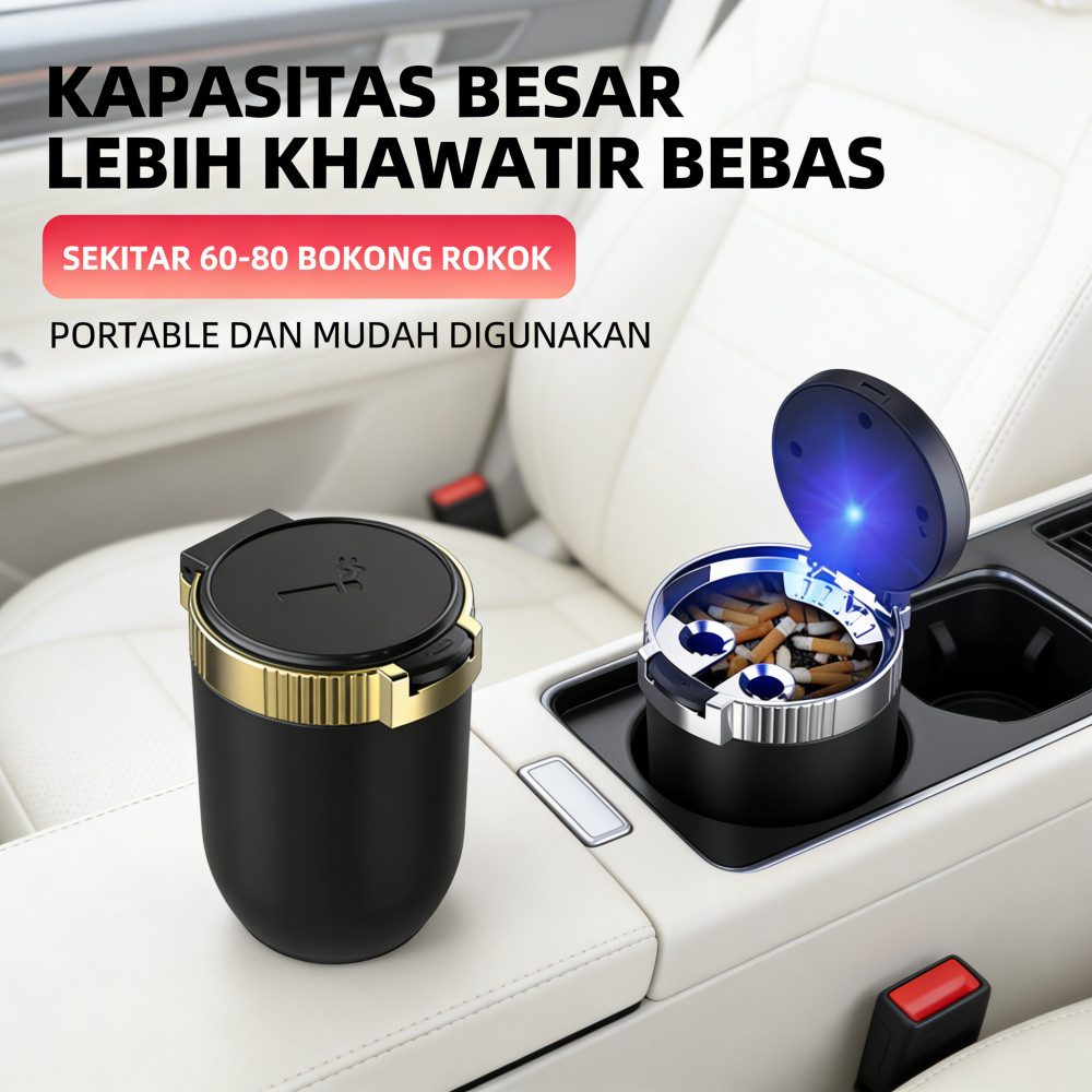 Rokok Mobil Tempat Asbak Stainless, Portable, Lampu LED