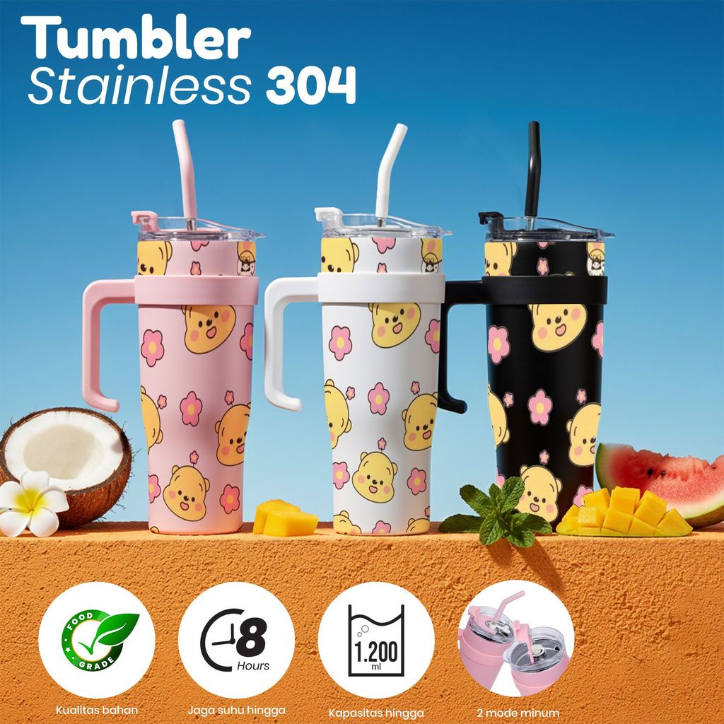 Tumbler Stainless 304 1200ml Tahan Suhu 48 Jam Mode Minum Dua Food Grade Motif Beruang Bunga Mawar P