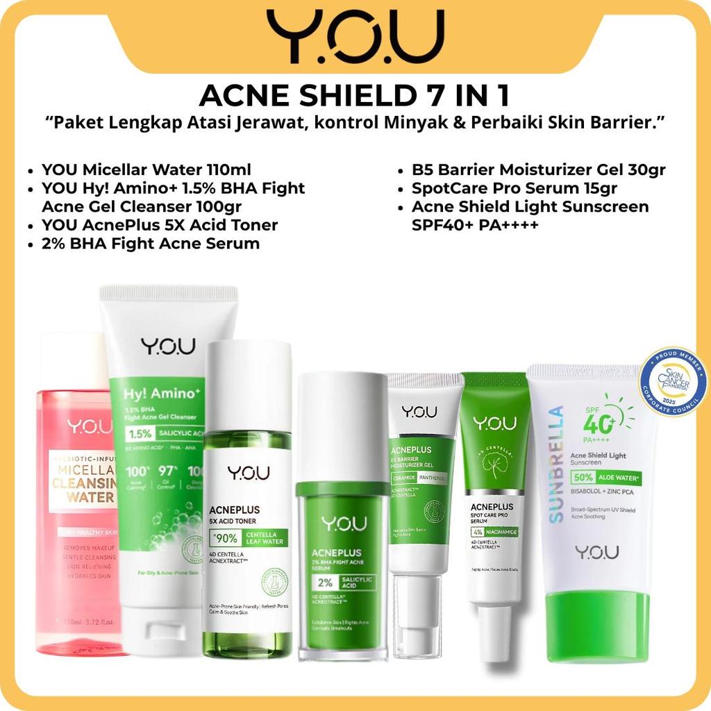 YOU Acne Shield Complete 7 in 1 Paket Skincare Jerawat Cleanser Toner Serum Moisturizer Sunscreen