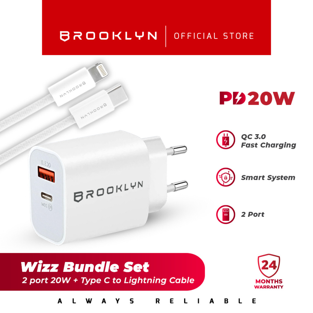 Brooklyn 20W iPhone Charger 14/13/12/11/X 2 Port + Lightning Cable Power Delivery Set