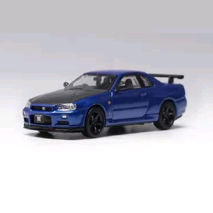 STANCE HUNTERS NISSAN SKYLINE GT-R R34 BLUE CARBON BLACK DIECAST SKALA 64