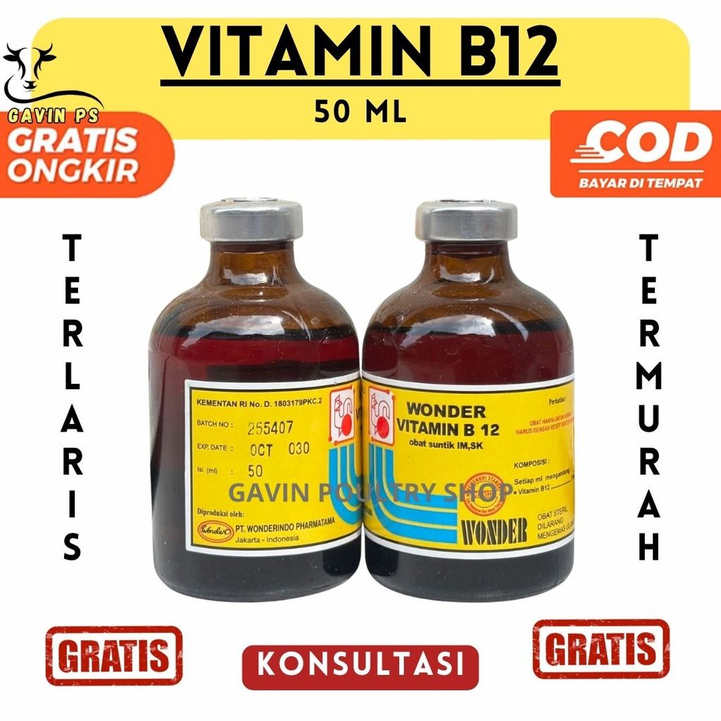 Wonder Vitamin B12 50 ML - Vitamin B.12 Anemia & Gangguan Pertumbuhan Hewan Ternak