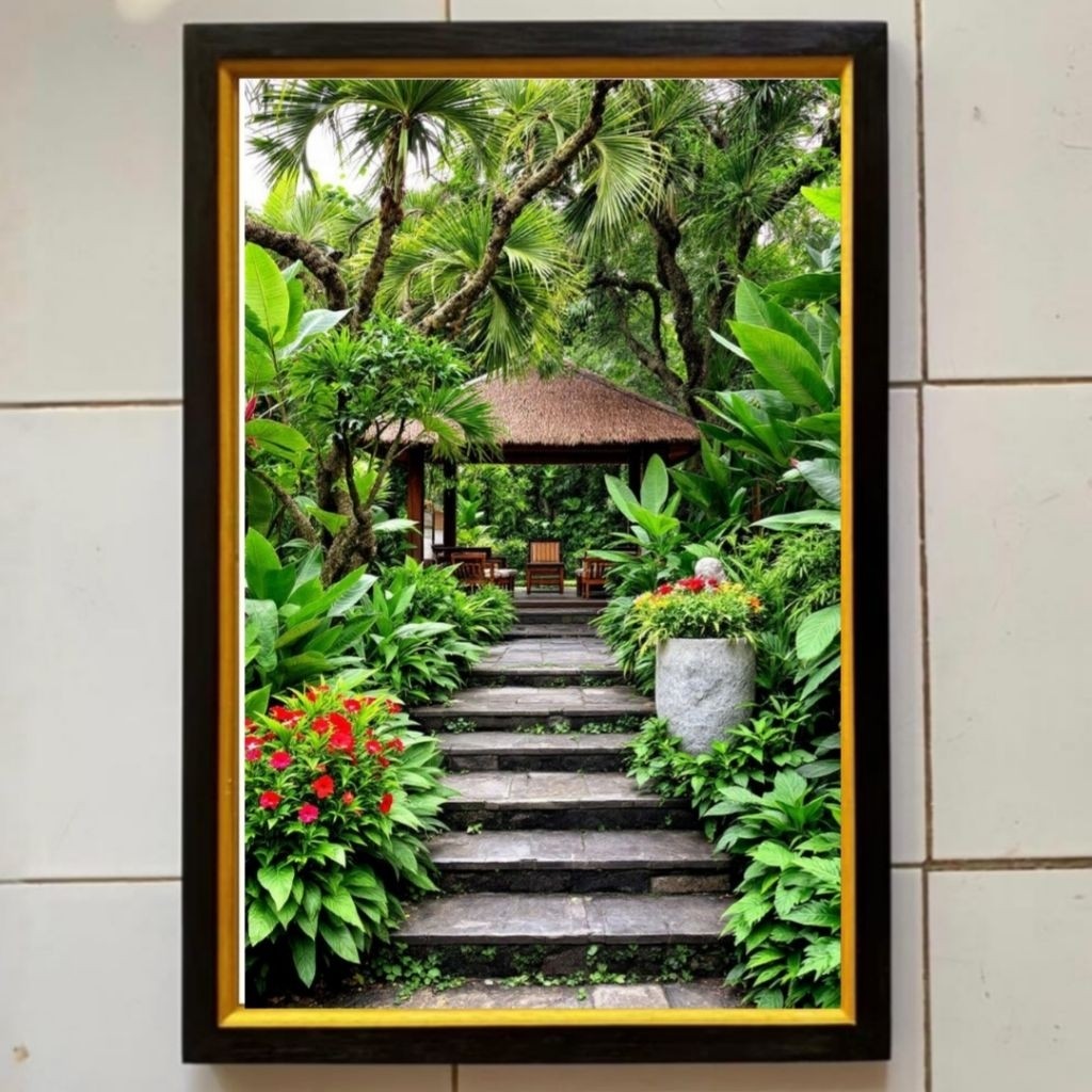Hiasan dinding lukisan Cetak gambar pendopo taman bunga plus bingkai ukuran 65cmx45cm