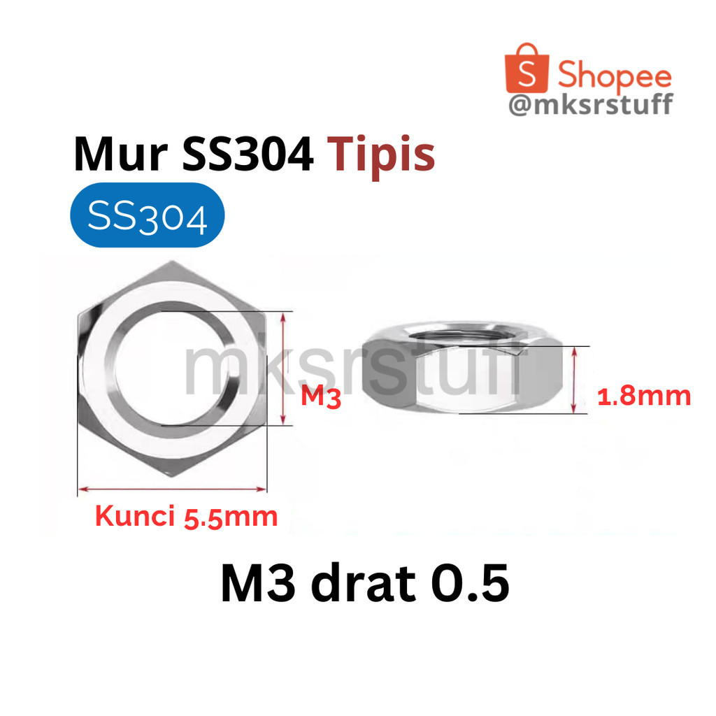SS304 Mur Tipis Drat Standar Stainless Steel 304 - M6, M8