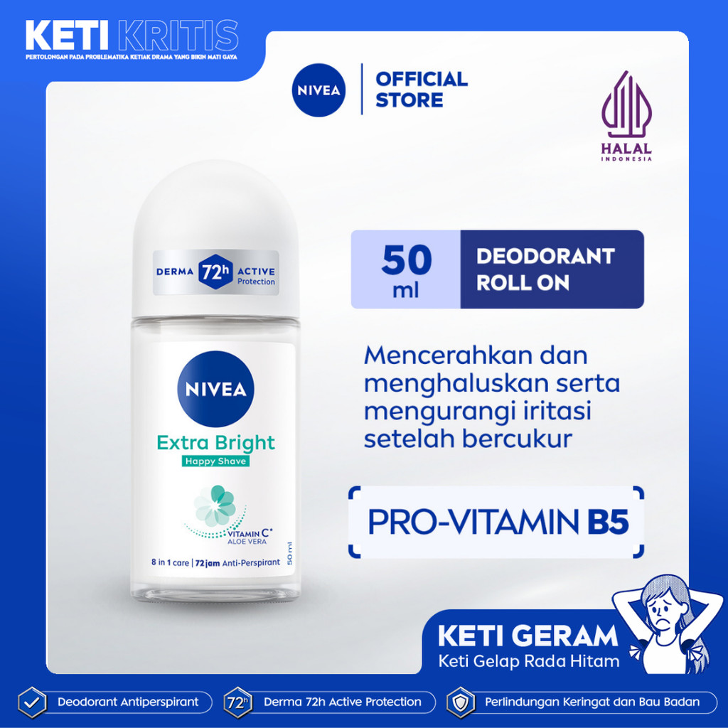 NIVEA Deodorant Roll On Brightening Happy Shave 50ml - Deodoran wanita mencerahkan mencerahkan brigh