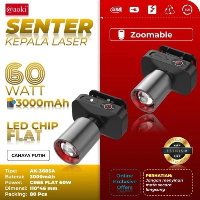 Senter Kepala Headlamp LED Zoom 60 Watt AOKI AK 3685A Putih AK 3686K KUNING - AK 3686K Kuning
