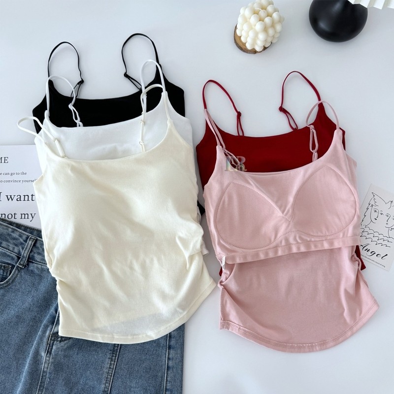 Tanktop Import Untuk Wanita Remaja Dewasa Tank Top Kerut Samping dengan Pad Cup Busa Tali Bisa di Ad