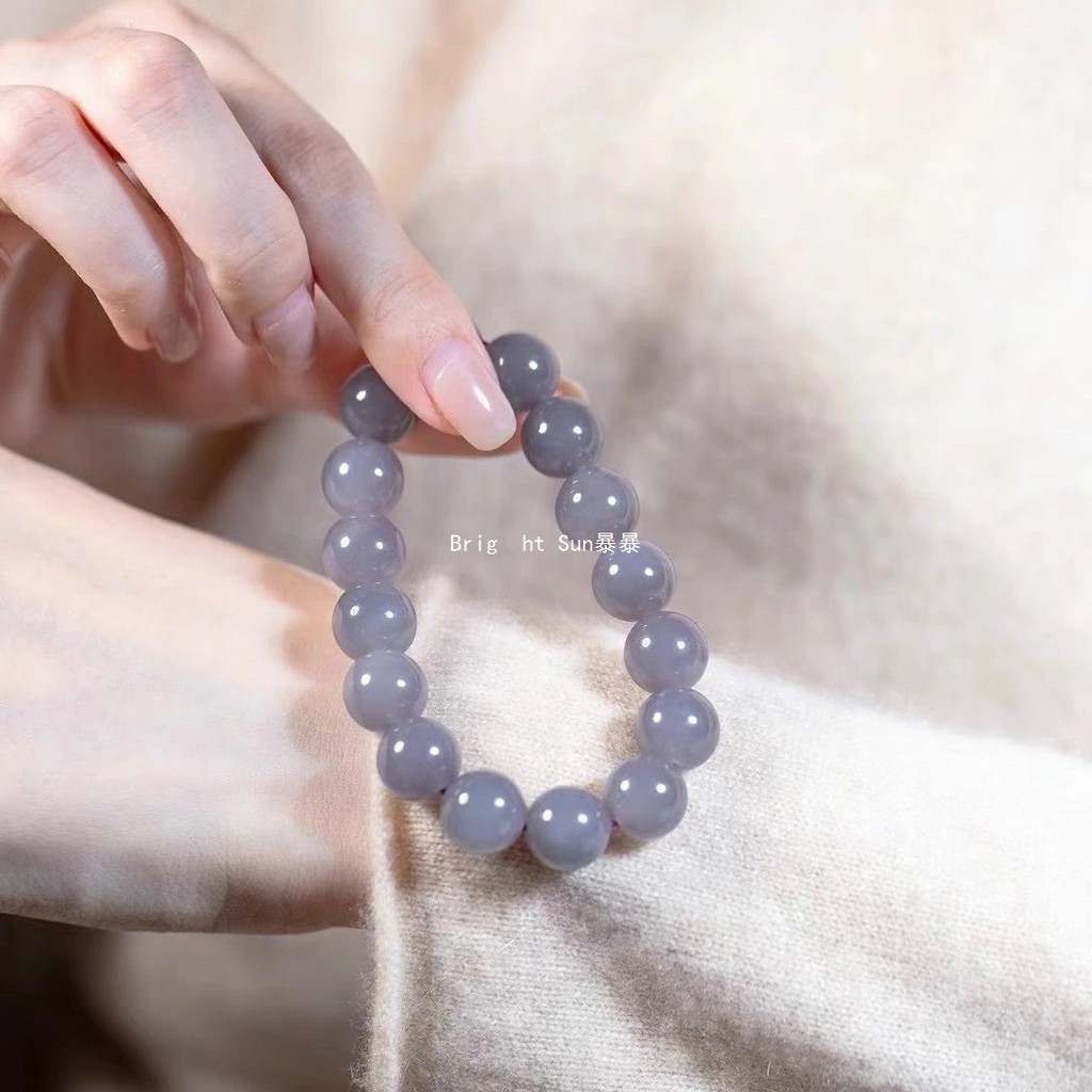 Gelang batu giok asli Hetian warna ungu asap dengan manik-manik bulat, bahan Qinghai, batu giok ungu