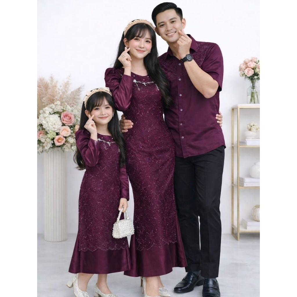 Baju Lebaran Ndrea Couple Serambit Gamis Ibu + Anak + Kemeja Pria Lengan Pendek Senada Bahan Satin V