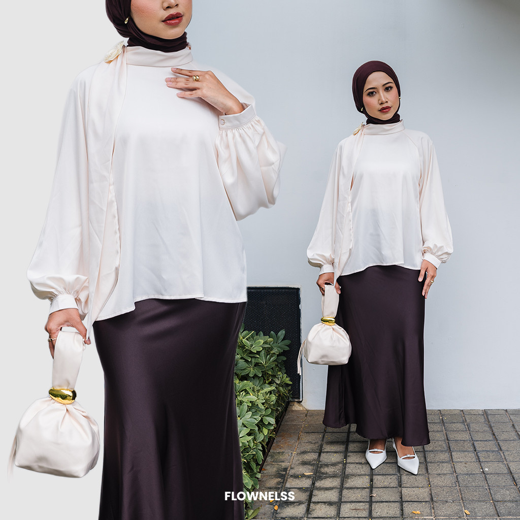 FLOWNELSS - Luna Satin Top | Satin Long Sleeve | Shawl Satin Top | Atasan Wanita Kekinian | Scarf Sa