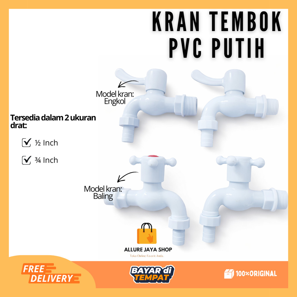 [AJS] Kran Air Tembok Plastik 1/2" 3/4" Inch PVC Putih HPP