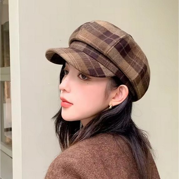 DVY - Topi Korea Wanita Hat Woman Kotak-Kotak Outfit Classy Topi Fashion