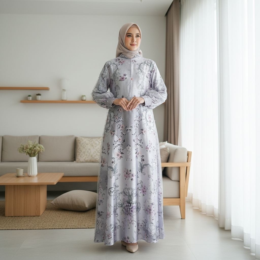 Gamis Wanita Motif Floral Silver – Dress Muslimah Panjang Elegan Busui Friendly