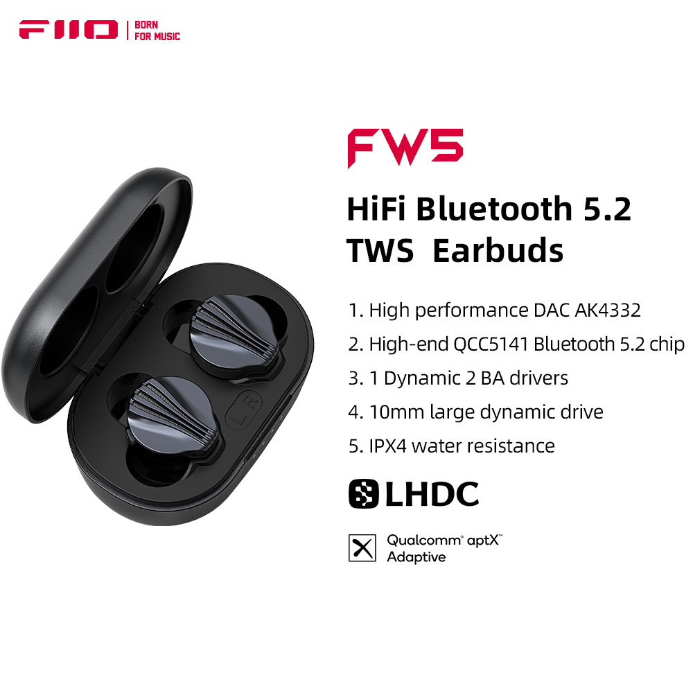 FiiO FW5 TWS Earphone Nirkabel Bluetooth LHDC/aptX Adaptive, Earphone Stereo Sport HiFi Musik, Earph