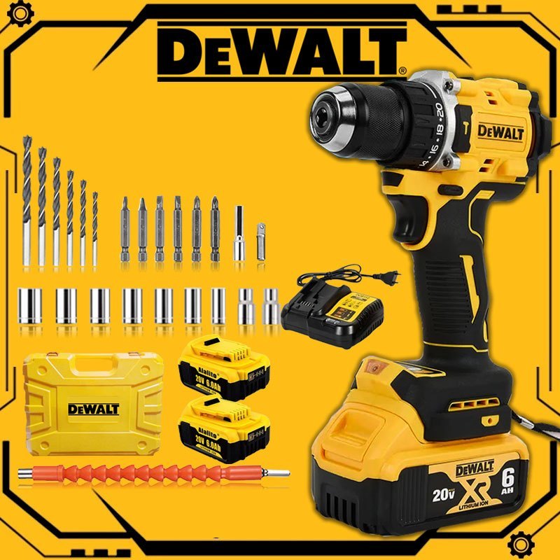 DeWALT 20V Palu Dampak Bor Tanpa Kabel Asli dengan 2 Baterai, 1 Pengisi Daya, Set Mata Obeng Tanpa K
