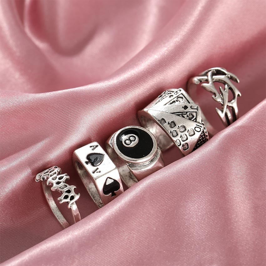 Cincin Jari Telunjuk Hip Hop 5Pcs/Set – Bahan Alloy Paduan Berkualitas, Gaya Kpop Korea, Perhiasan N