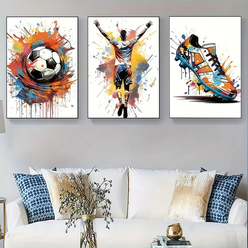Set 3 Panel Poster Lukisan Graffiti Sepak Bola Abstrak Colorful Soccer & Sneakers Dekorasi Dinding K
