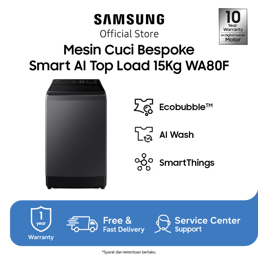 Samsung Mesin Cuci Bespoke AI Top Load Washer 15kg | WA80F15 | Hitam / Deep Charcoal