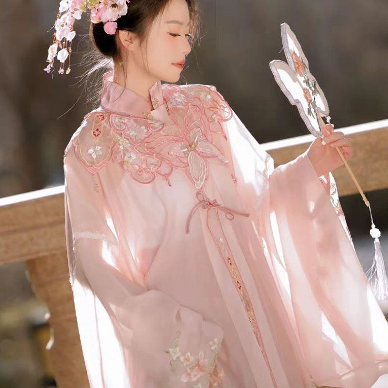 Baju Hanfu Wanita Pink Elegan Gaya Ming, Kerah Berdiri Lengan Panjang, Rok Mamian Bordir Mewah, Clou