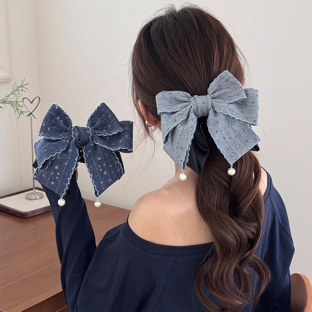 1pc Korean-style denim floral multi-layer bow pearl half-up ponytail clip, sophisticated and elegant