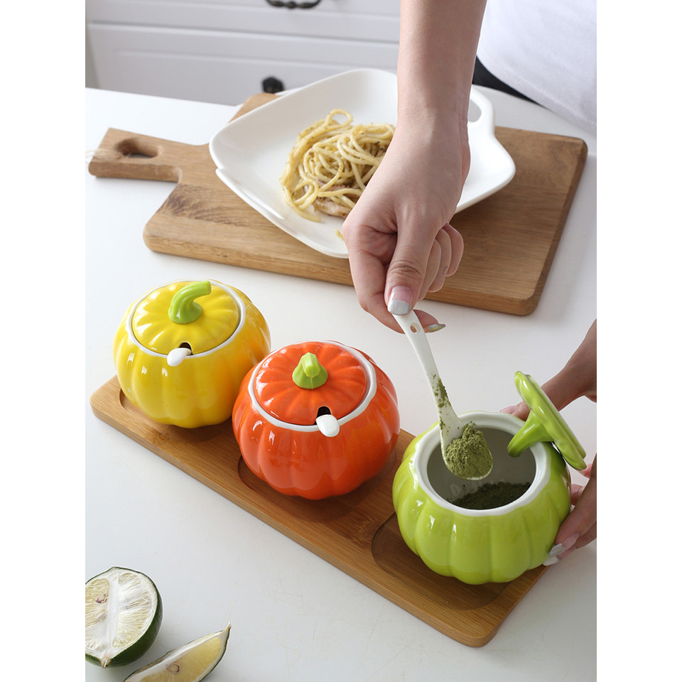 Creative Pumpkin Ceramic Seasoning Jar Set With Spoon Salt Sugar Bowl Msg Pepper Edible Oil Containe