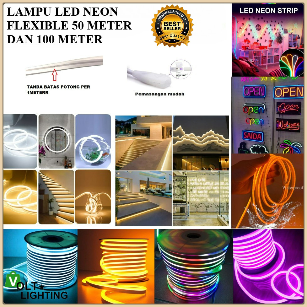 LAMPU LED SELANG NEON FLEXIBLE 50 METER & 100 METER 220V IP65 WATERPROOF free adaptor soket 5pcs