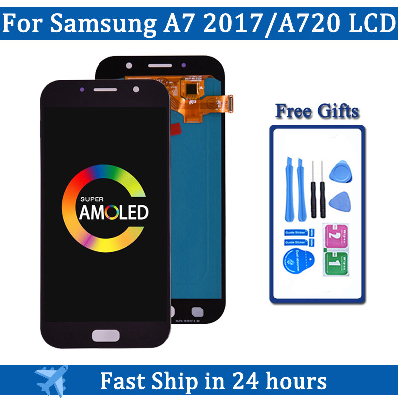 100% Super AMOLED LCD For Samsung Galaxy A7 2017 A720 A720F SM-A720F  LCD splay + Touch Screen gitiz