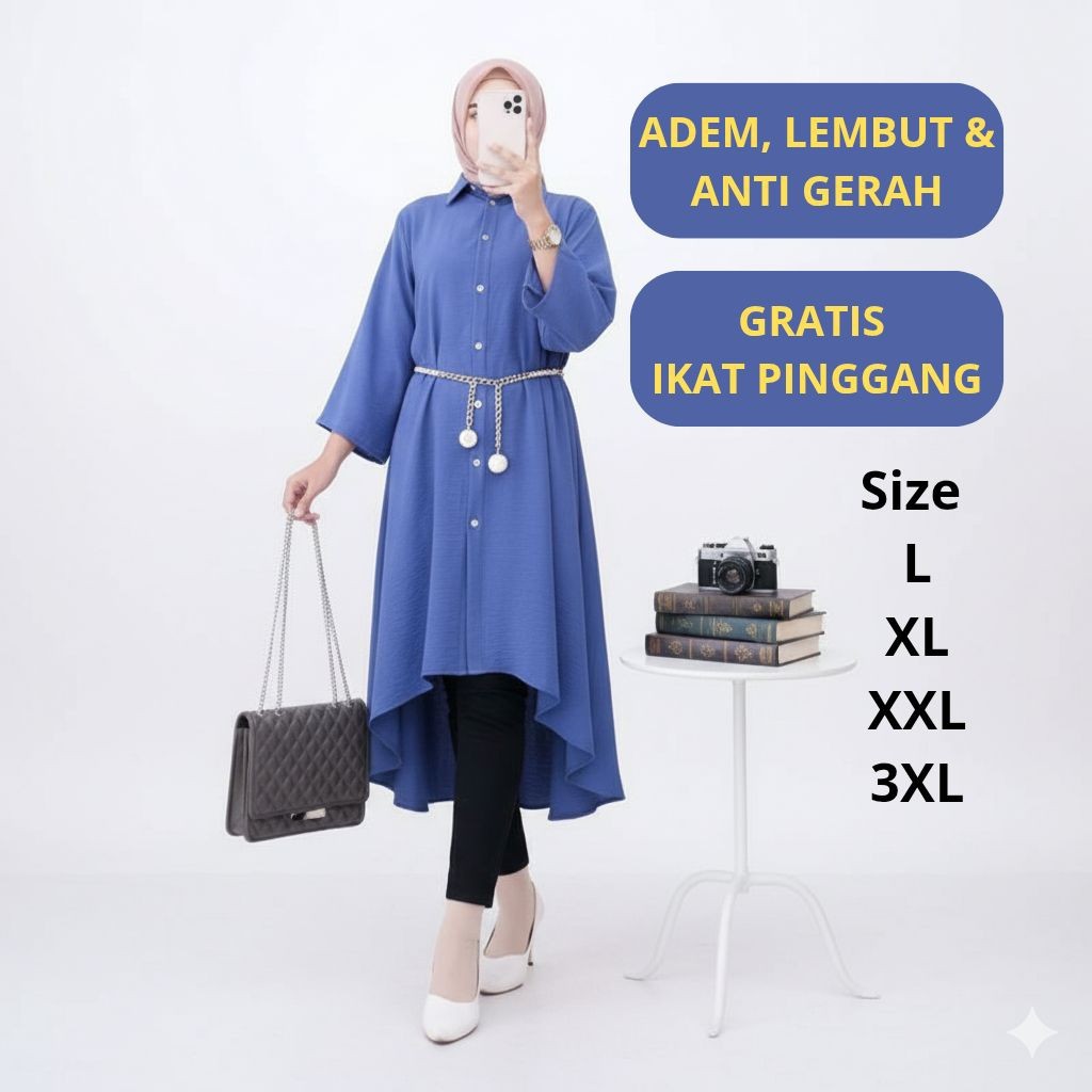 Tunik Kemeja Panjang Adem Polos Crinkle – Atasan Muslim Wanita Jumbo L–XXXL Terbaru 2025 / Tunik Wan