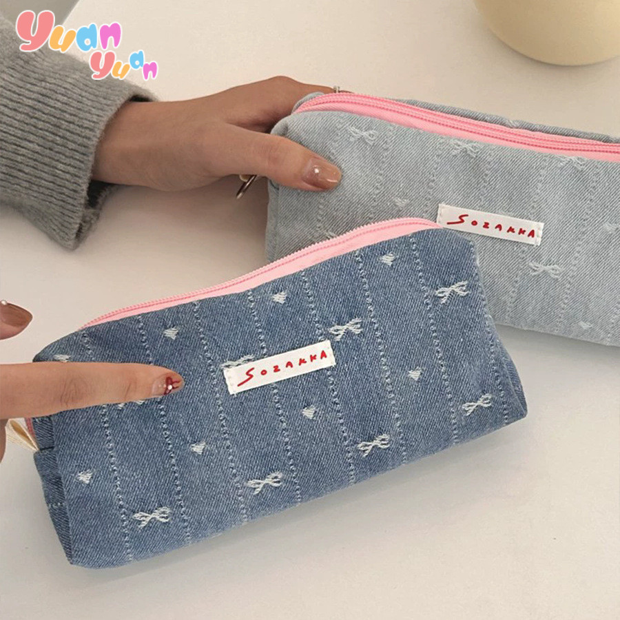 YuanYuan Jeans Ribbon Pencil Case / Kotak Pensil Jeans / Pouch / Tempat Make Up
