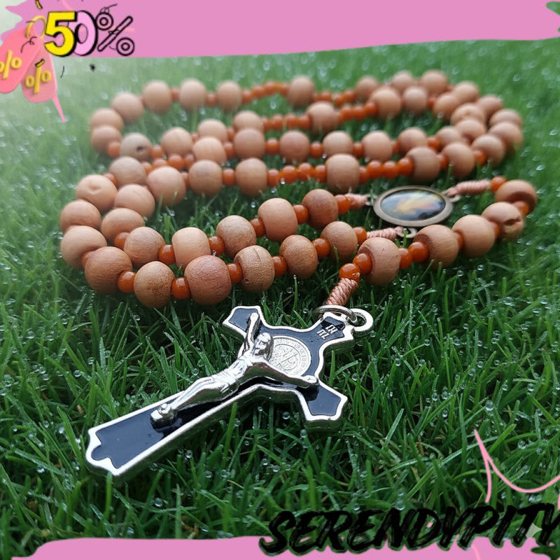 NEW ARRIVALS Kalung Rosario Cendana 77 Bapa Kami Kayu 8mm Katolik Aksesoris Souvenir Salib Pria Wani